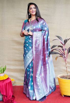 Teal blue woven banarasi silk blend saree with blouse 1