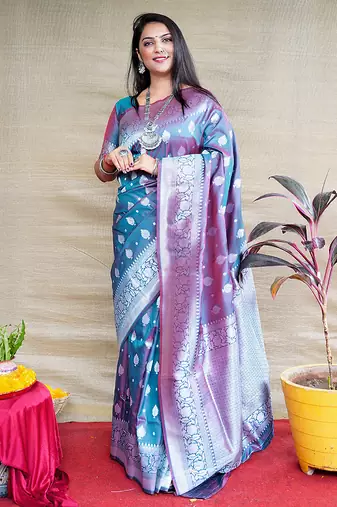 Teal blue woven banarasi silk blend saree with blouse