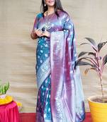 Teal blue woven banarasi silk blend saree with blouse