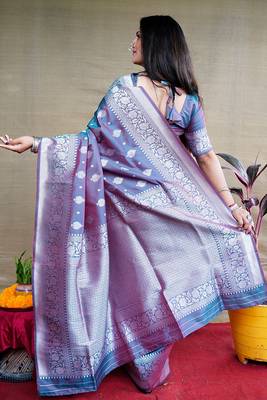 Teal blue woven banarasi silk blend saree with blouse 2