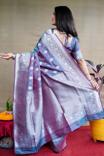 Teal blue woven banarasi silk blend saree with blouse