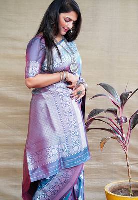 Teal blue woven banarasi silk blend saree with blouse 3