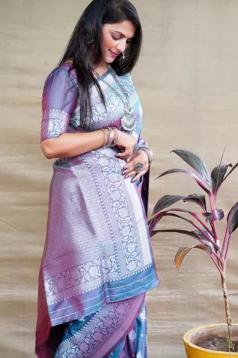 Teal blue woven banarasi silk blend saree with blouse