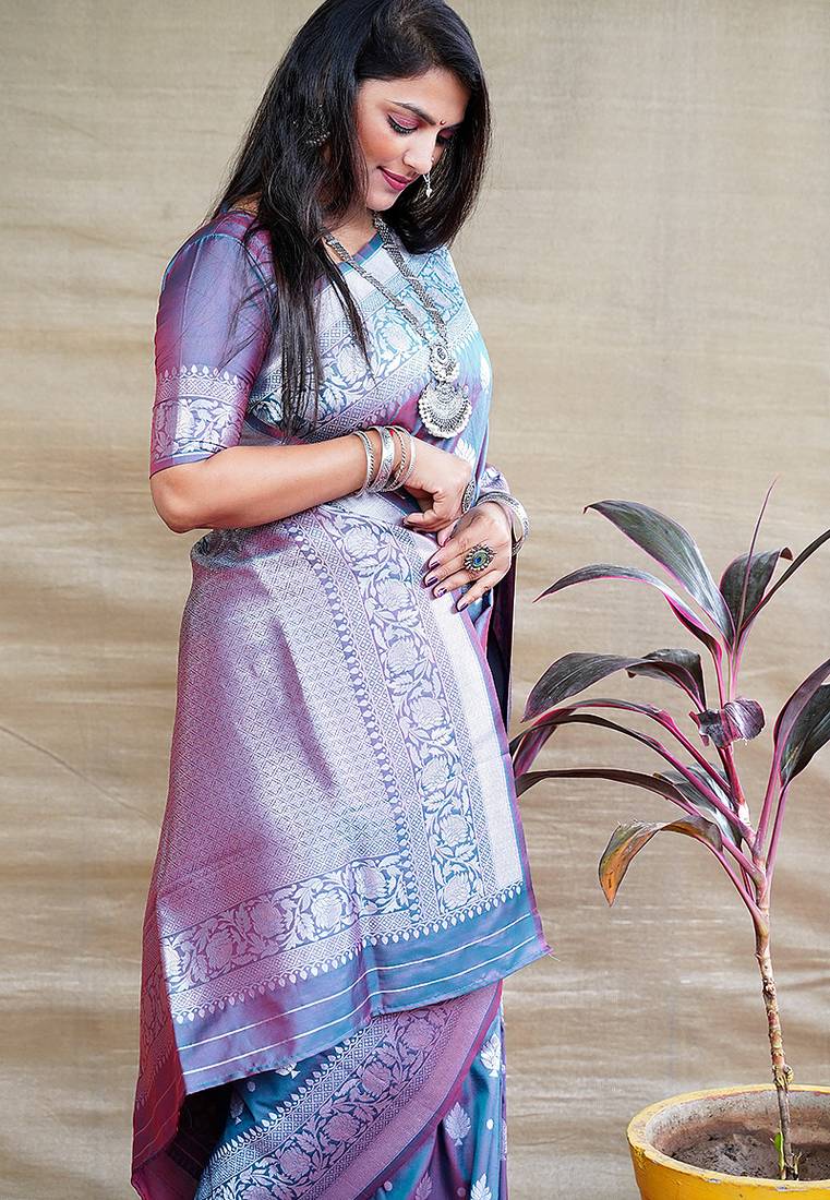 Teal blue woven banarasi silk blend saree with blouse