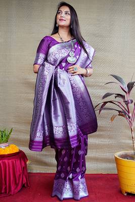 Purple woven banarasi silk blend saree with blouse 1
