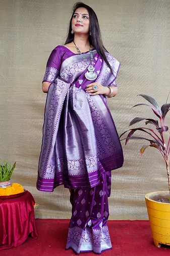 Purple woven banarasi silk blend saree with blouse