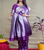 Purple woven banarasi silk blend saree with blouse