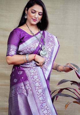 Purple woven banarasi silk blend saree with blouse 2