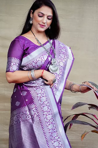 Purple woven banarasi silk blend saree with blouse