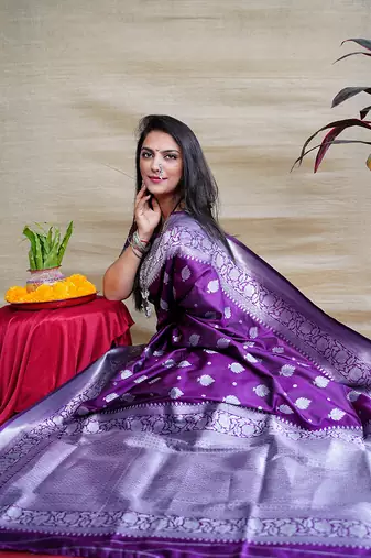 Purple woven banarasi silk blend saree with blouse