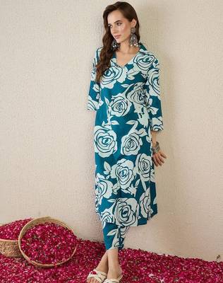 Women Floral Printed Cotton Kurta with Trousers 2