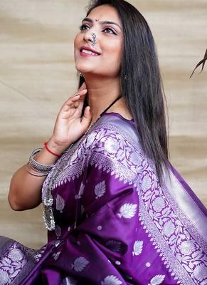 Purple woven banarasi silk blend saree with blouse 4