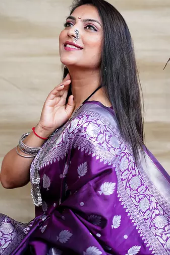 Purple woven banarasi silk blend saree with blouse