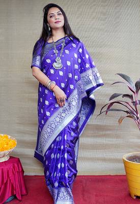 Royal blue woven banarasi silk blend saree with blouse 1