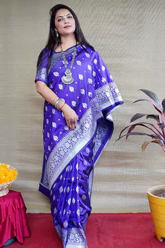 Royal blue woven banarasi silk blend saree with blouse