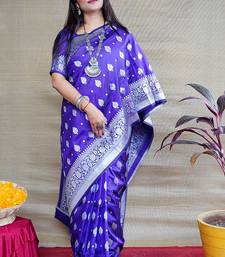 Royal blue woven banarasi silk blend saree with blouse