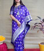 Royal blue woven banarasi silk blend saree with blouse