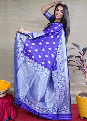 Royal blue woven banarasi silk blend saree with blouse 2