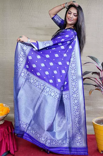Royal blue woven banarasi silk blend saree with blouse