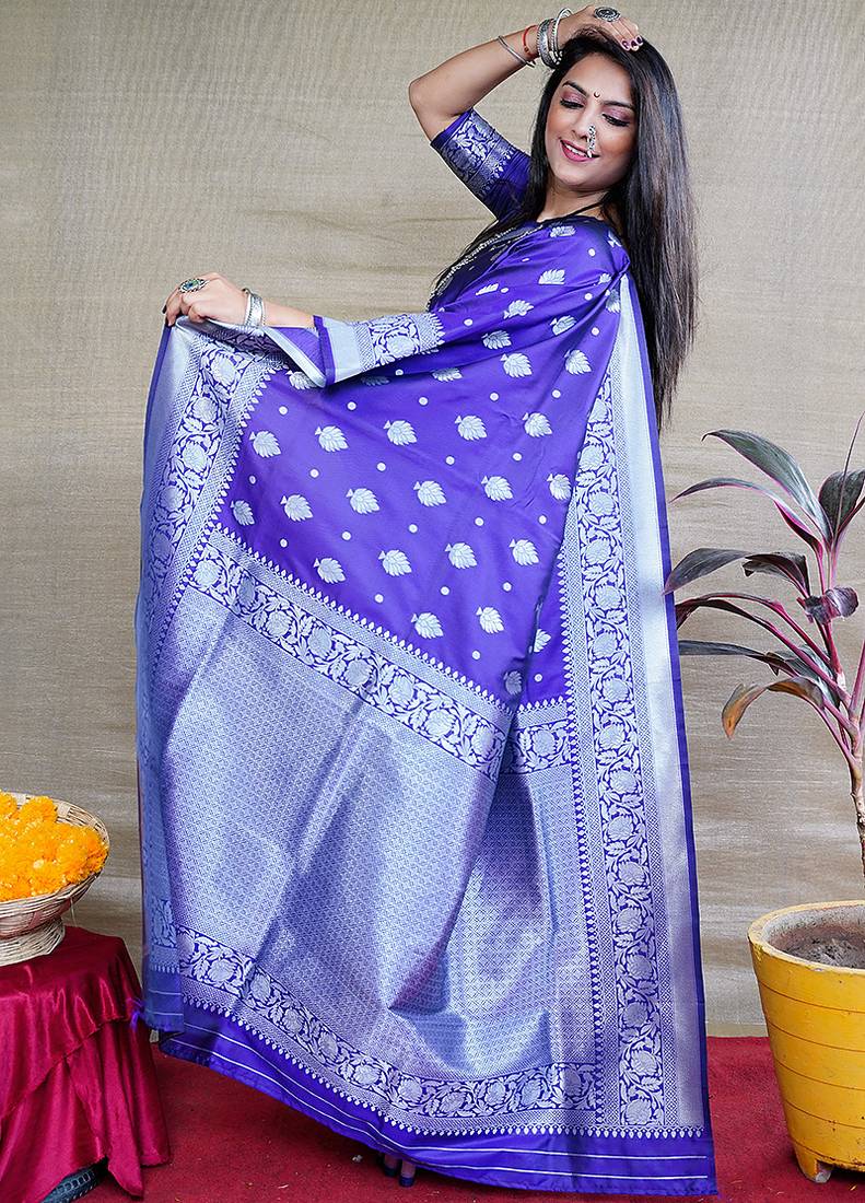 Royal blue woven banarasi silk blend saree with blouse