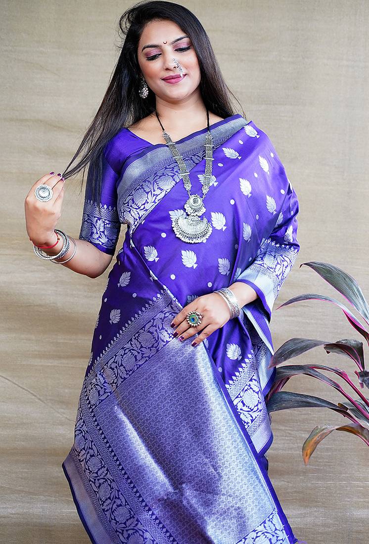 Royal blue woven banarasi silk blend saree with blouse
