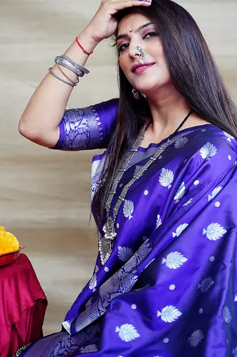 Royal blue woven banarasi silk blend saree with blouse