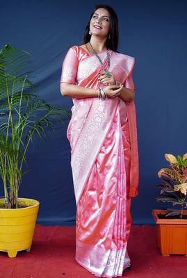 Baby pink woven banarasi silk blend saree with blouse 1