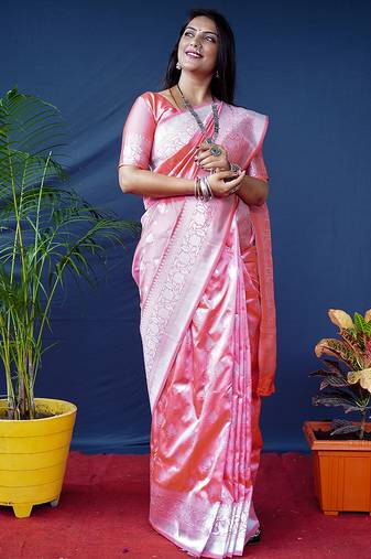 Baby pink woven banarasi silk blend saree with blouse