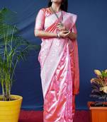 Baby pink woven banarasi silk blend saree with blouse