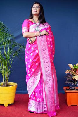 Rani pink woven banarasi silk blend saree with blouse 1