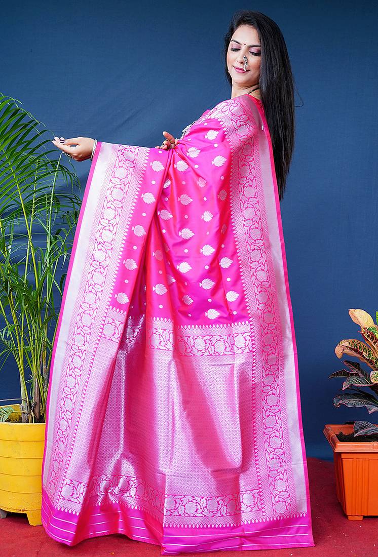 Rani pink woven banarasi silk blend saree with blouse