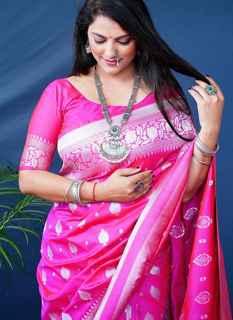 Rani pink woven banarasi silk blend saree with blouse