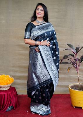 Black woven banarasi silk blend saree with blouse 1