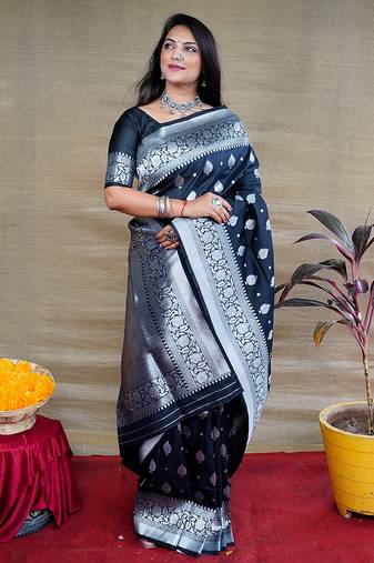 Black woven banarasi silk blend saree with blouse