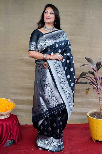 Black woven banarasi silk blend saree with blouse