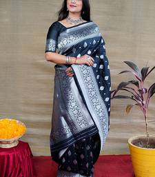 Black woven banarasi silk blend saree with blouse
