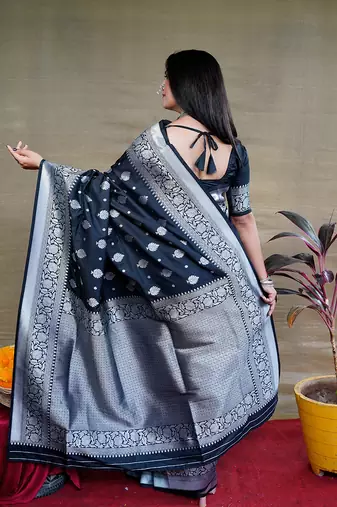 Black woven banarasi silk blend saree with blouse