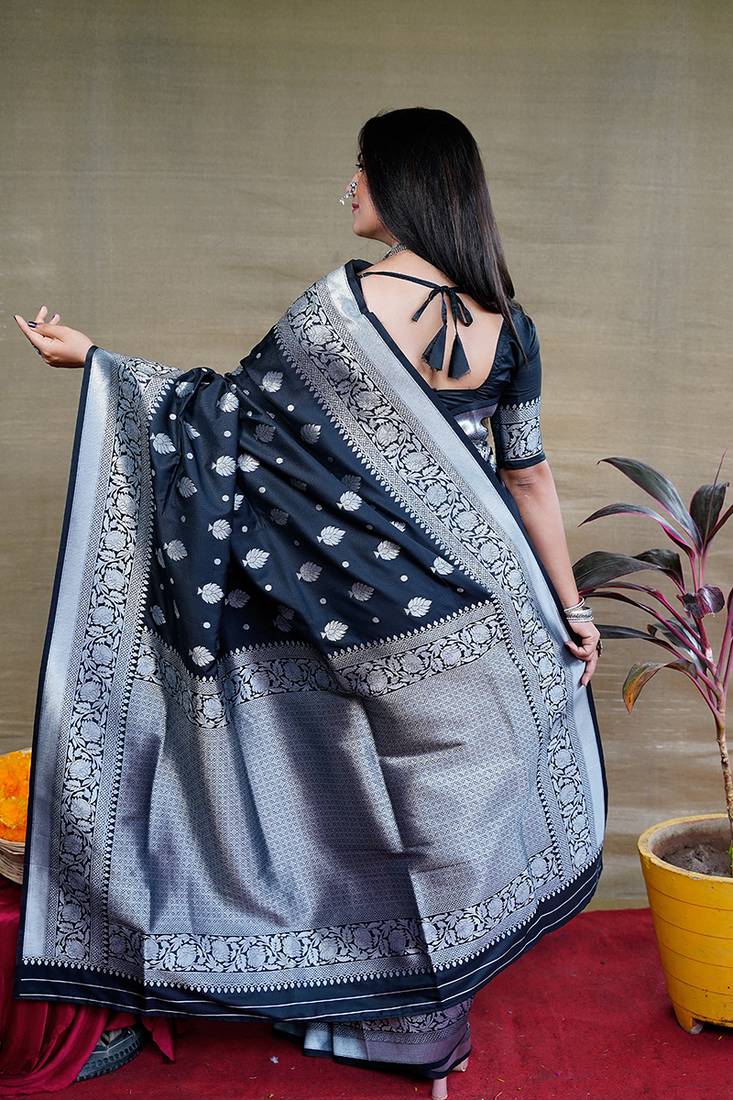 Black woven banarasi silk blend saree with blouse