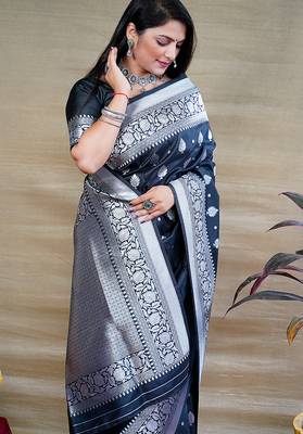 Black woven banarasi silk blend saree with blouse 3