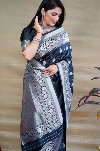 Black woven banarasi silk blend saree with blouse
