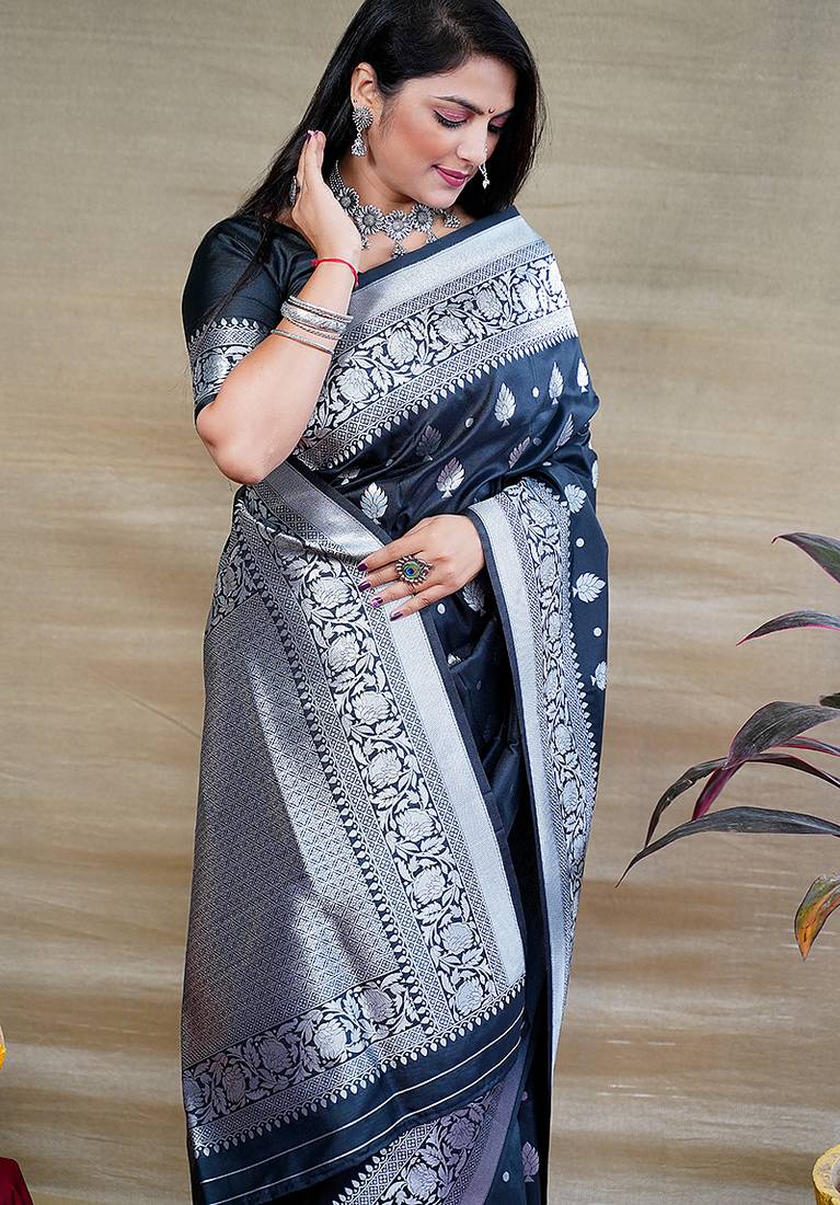 Black woven banarasi silk blend saree with blouse