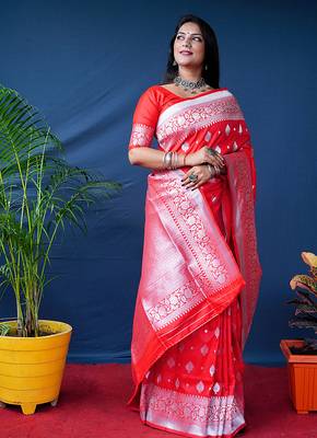 Red woven banarasi silk blend saree with blouse 1