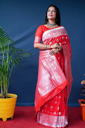 Red woven banarasi silk blend saree with blouse