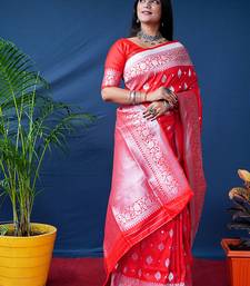 Red woven banarasi silk blend saree with blouse