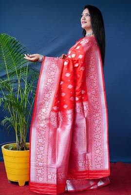 Red woven banarasi silk blend saree with blouse 2
