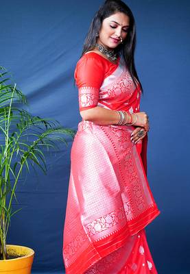 Red woven banarasi silk blend saree with blouse 3