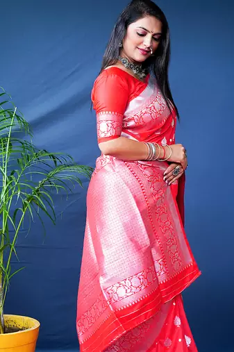 Red woven banarasi silk blend saree with blouse