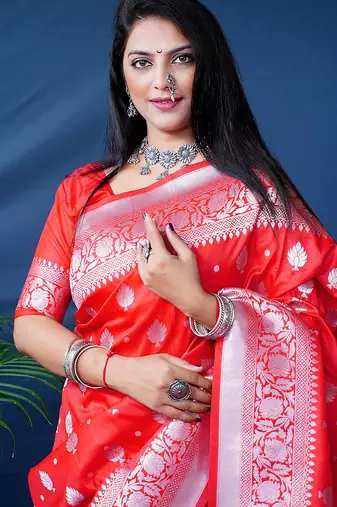 Red woven banarasi silk blend saree with blouse