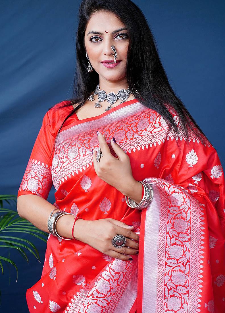 Red woven banarasi silk blend saree with blouse