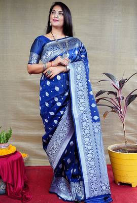 Navy blue woven banarasi silk blend saree with blouse 1